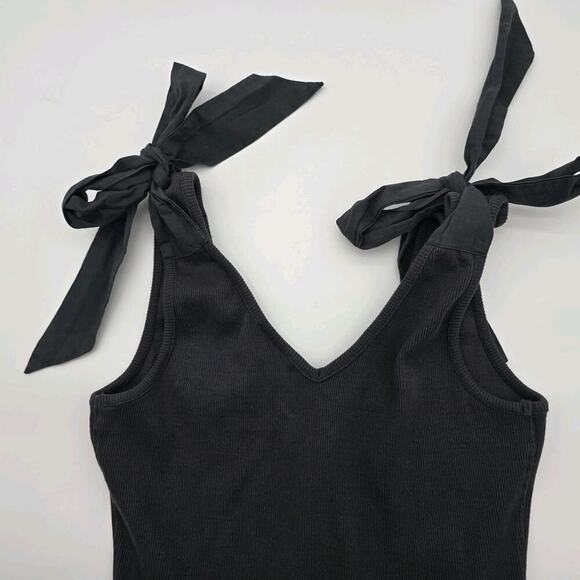 Anthropologie Top Womens Small Black Tank Bow Tie Shoulder Ribbed Maeve - Picture 6 of 12